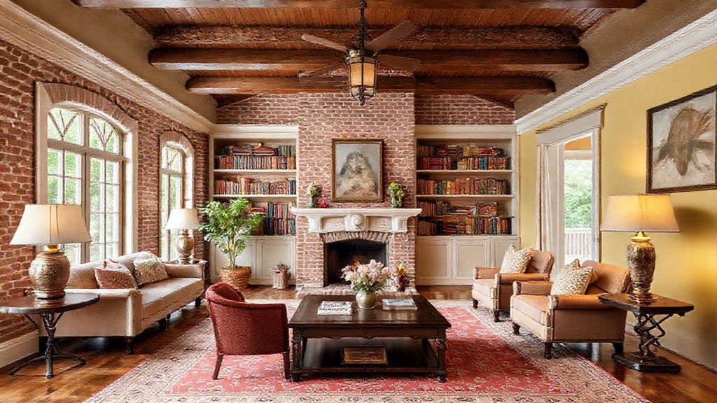 This image features a typical interior living room of a home King William District of San Antonio.